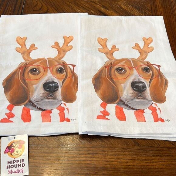 Hippie Hound Studios Christmas Dog Towel “Beagle ” Holiday Towel Set 2 NWT - Picture 3 of 4